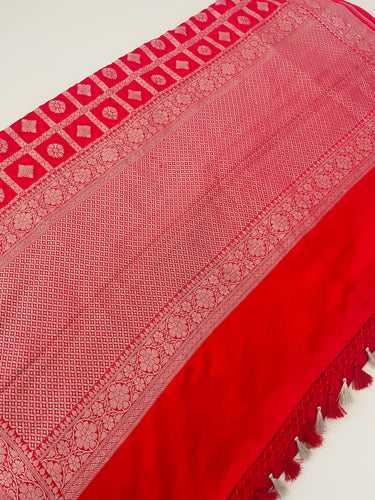 Mashru Silk Saree from Banaras | Red | Silver Zari | Handwoven | Ships from California